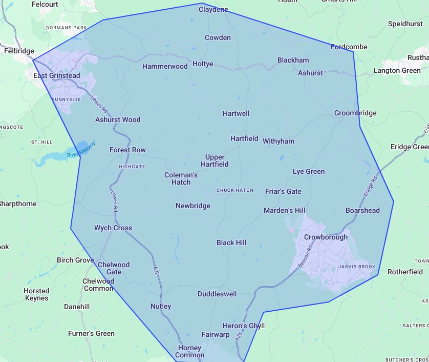 Map showing Claire's Cat Sitting coverage area across Ashdown Forest and East Sussex, from East Grinstead and Forest Row to Crowborough and Groombridge